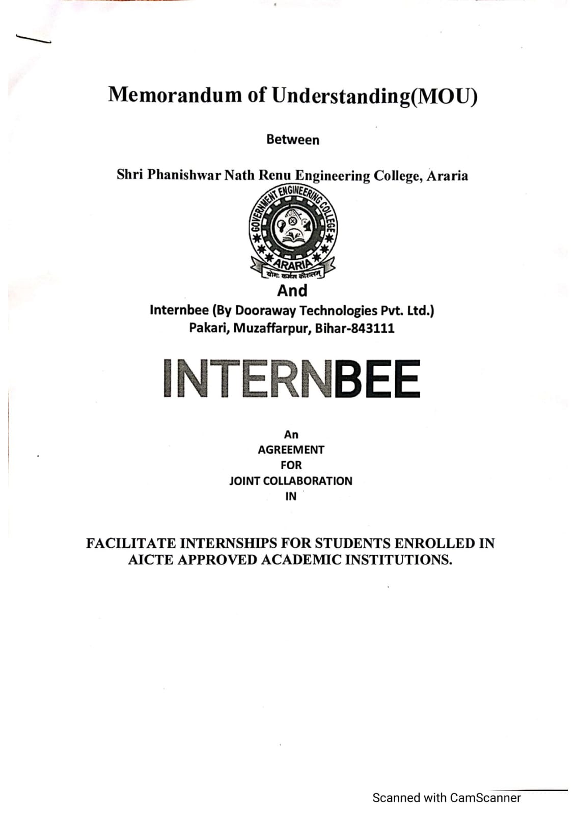 MoU Between Internbee and SPNREC, Araria 
